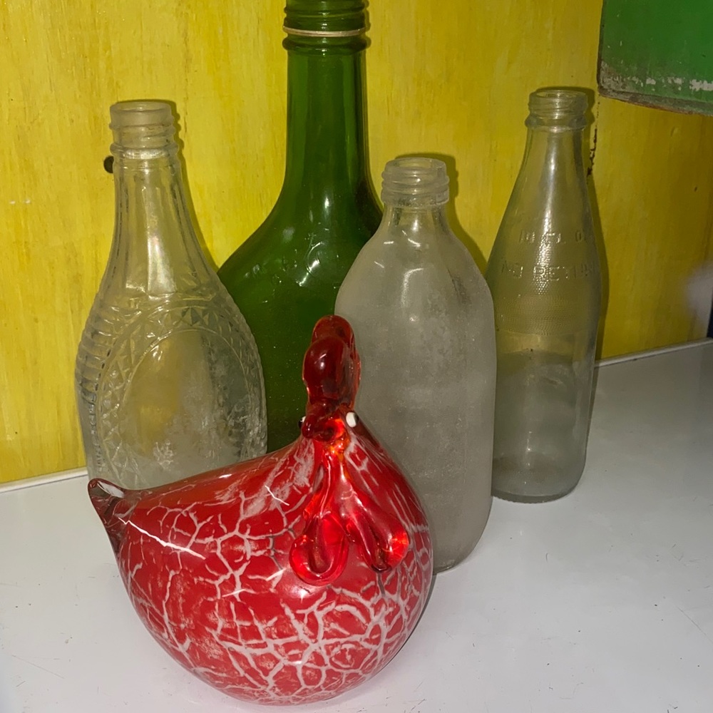 Vintage Glass Bottle Collection with Red Rooster Figurine